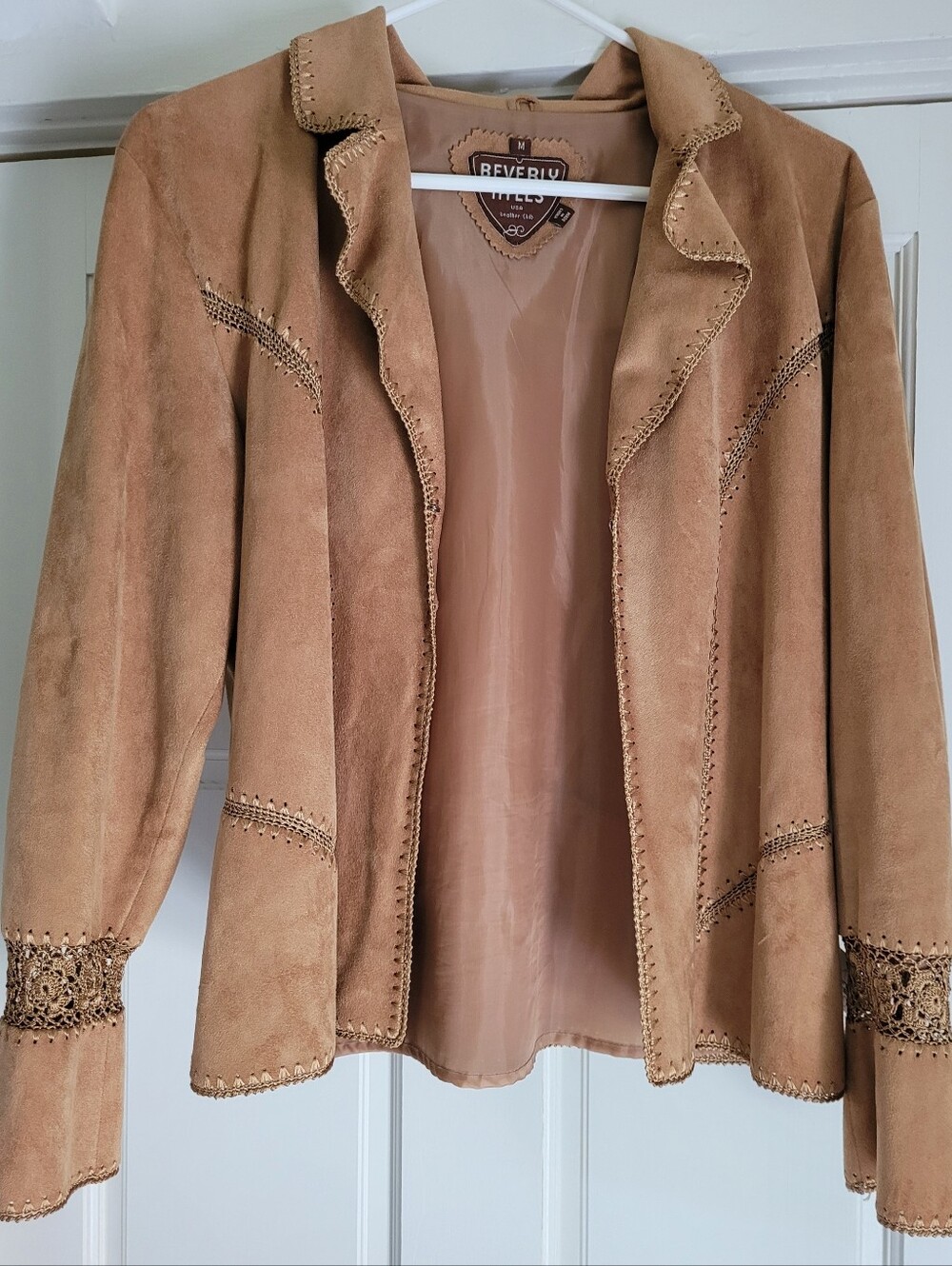'BEVERLY HILLS LEATHER CLUB' Tan Suede Open-Front Jacket with Decorative Cutwork